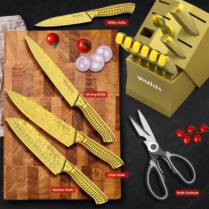MOSFiATA Kitchen Knife Set, 17 Pcs Japanese Stainless Steel Knife Sets for Kitchen with Block with Knife Sharpening Rod, Dishwasher Safe, Gift Set,Titanium Plated Knife Block Set - Image 5